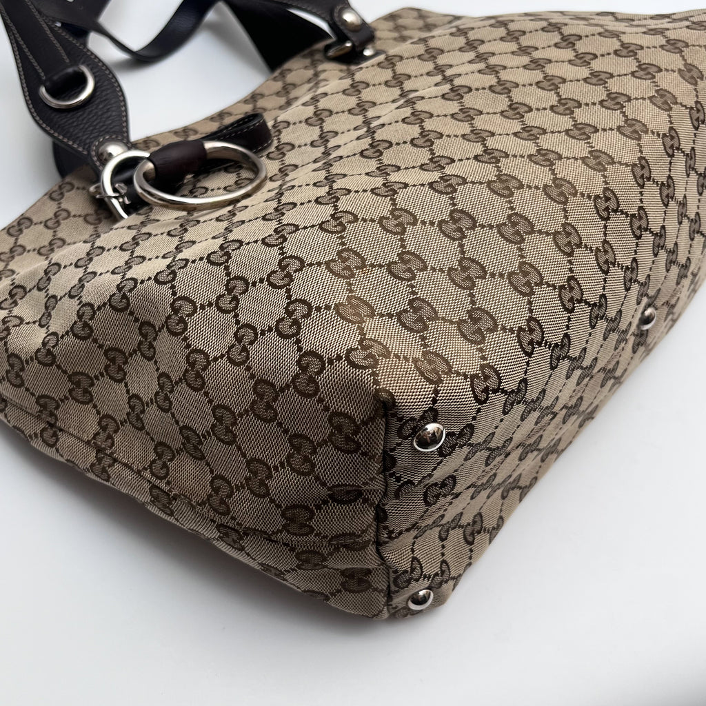 GUCCI 229852 GG Canvas Horsebit Tote Bag Beige Brown Leather Auth From Japan