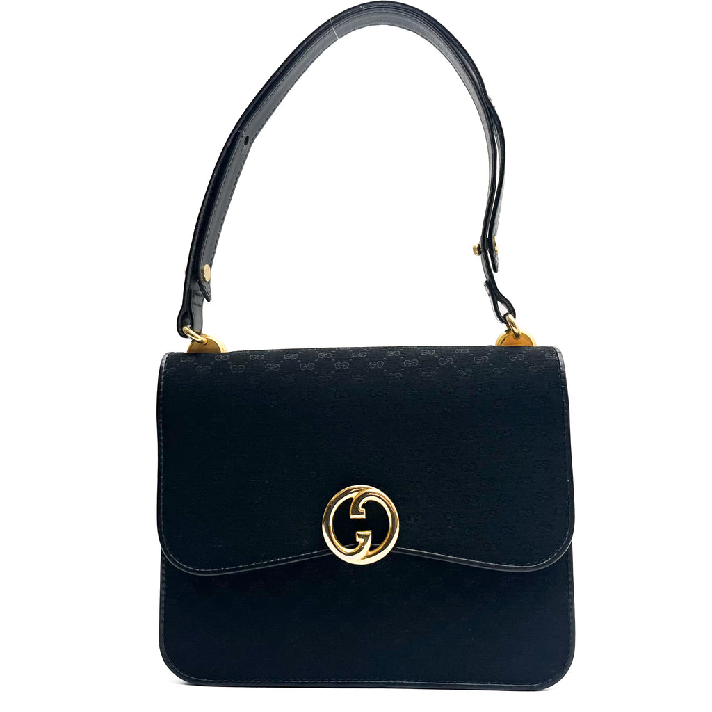 GUCCI Vintage Handbag Canvas GG Monogram Black Leather Strap Gold Hardware Auth