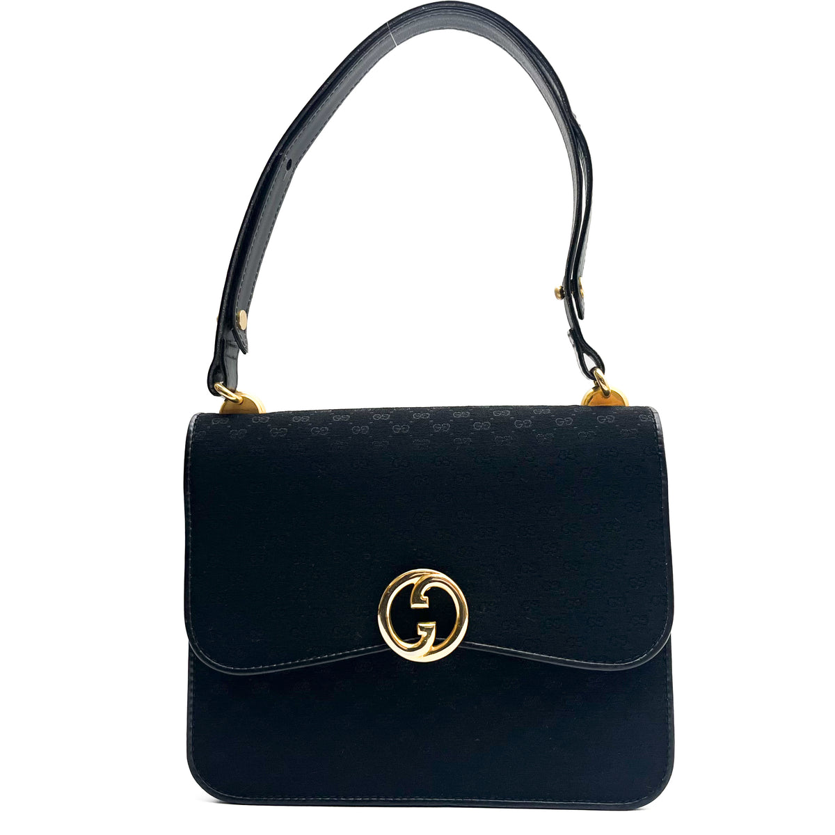 GUCCI Vintage Handbag Canvas GG Monogram Black Leather Strap Gold Hardware Auth