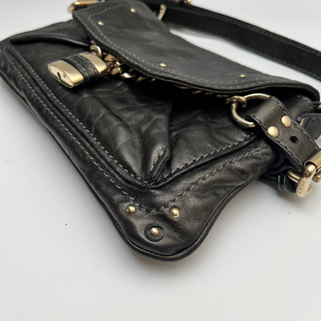 CHLOE Paddington Small Shoulder Bag Leather Black Gold Hardware Auth From Japan