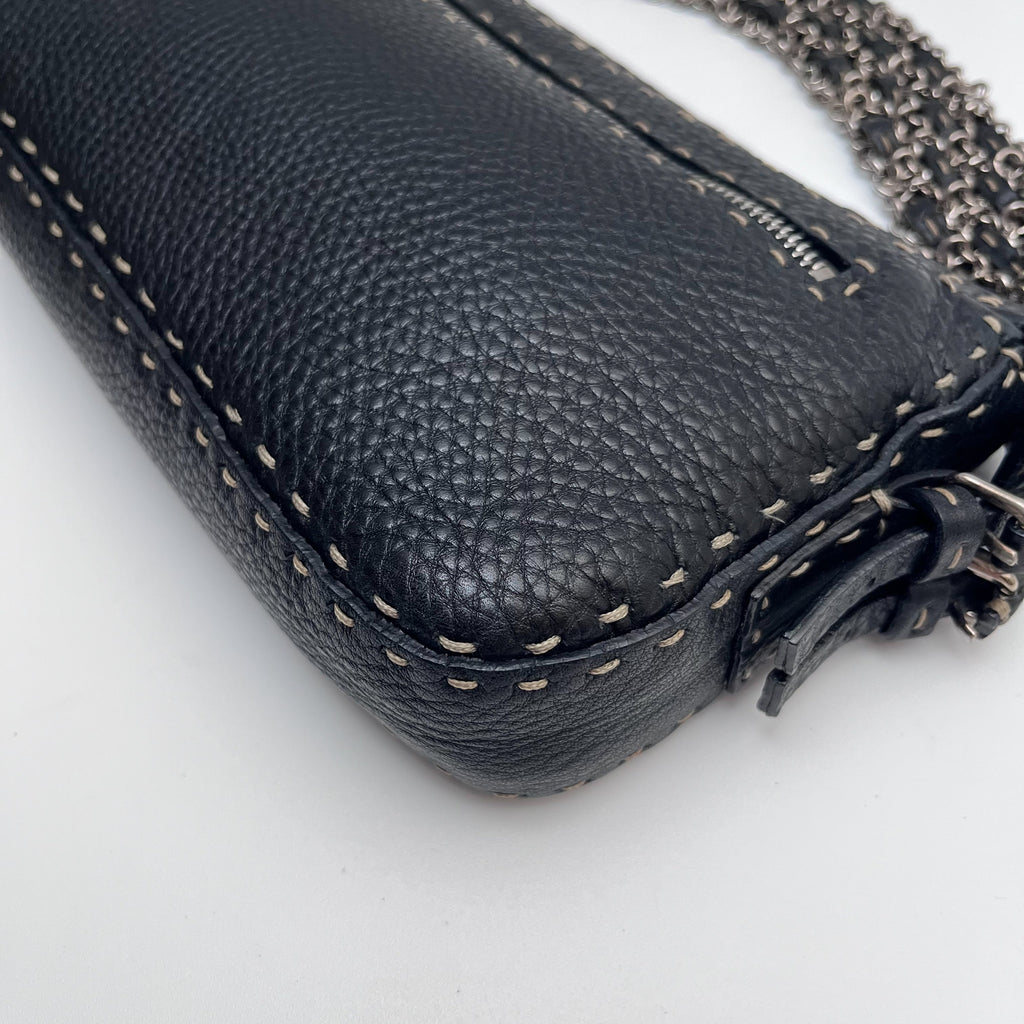 FENDI Selleria Chain Shoulder Hand Bag Black Leather Stitch Authentic From Japan