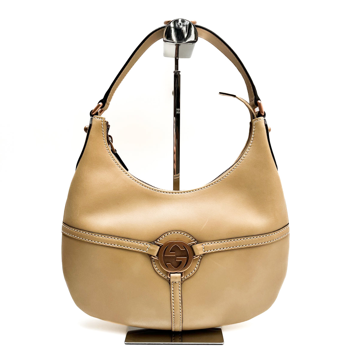 GUCCI 114869 One Shoulder Bag Leather Beige Interlocking G Logo Vintage Auth